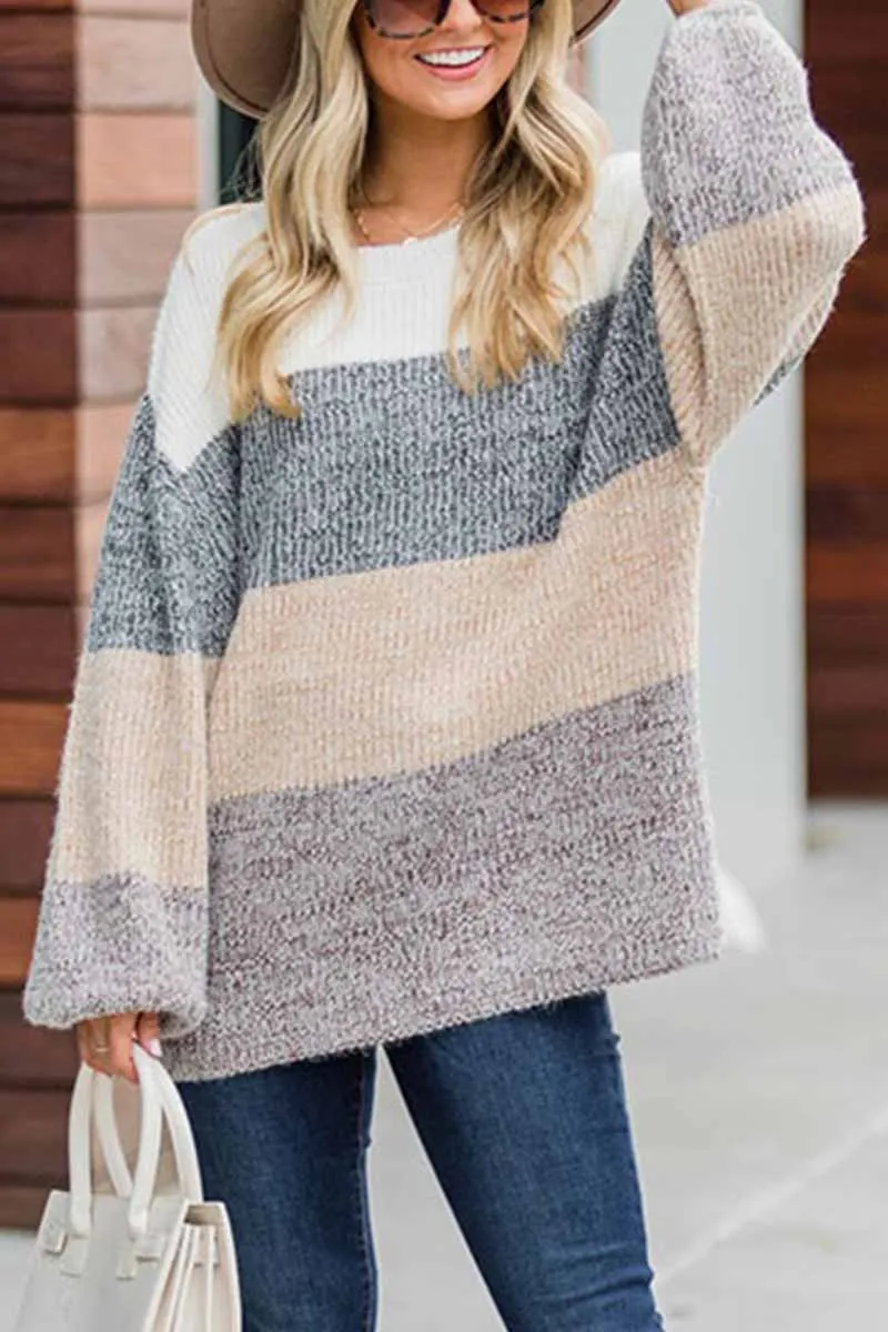 Chicindress Contrast Striped Loose Round Neck Sweater