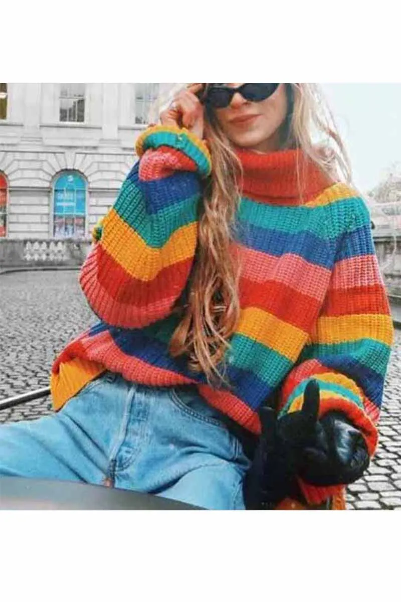 Chicindress Rainbow Striped Loose-knit Sweater