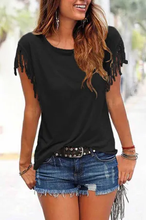 Chicindress Short-sleeve Loose Tassel T-shirt(3 Colors)