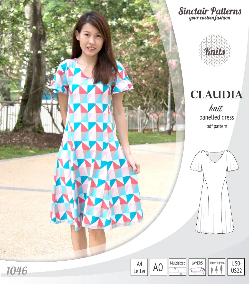 Claudia godet style knit dress with flutter sleeves (PDF)