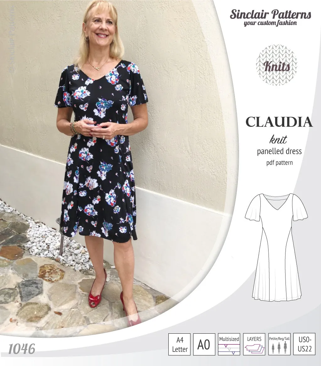 Claudia godet style knit dress with flutter sleeves (PDF)