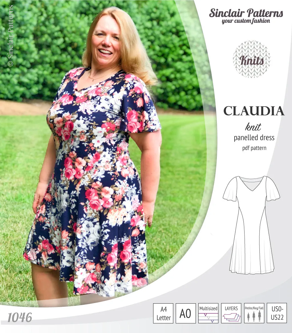Claudia godet style knit dress with flutter sleeves (PDF)