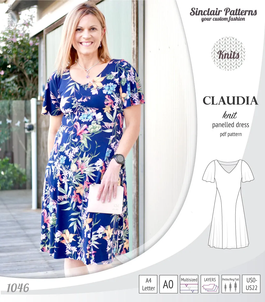 Claudia godet style knit dress with flutter sleeves (PDF)