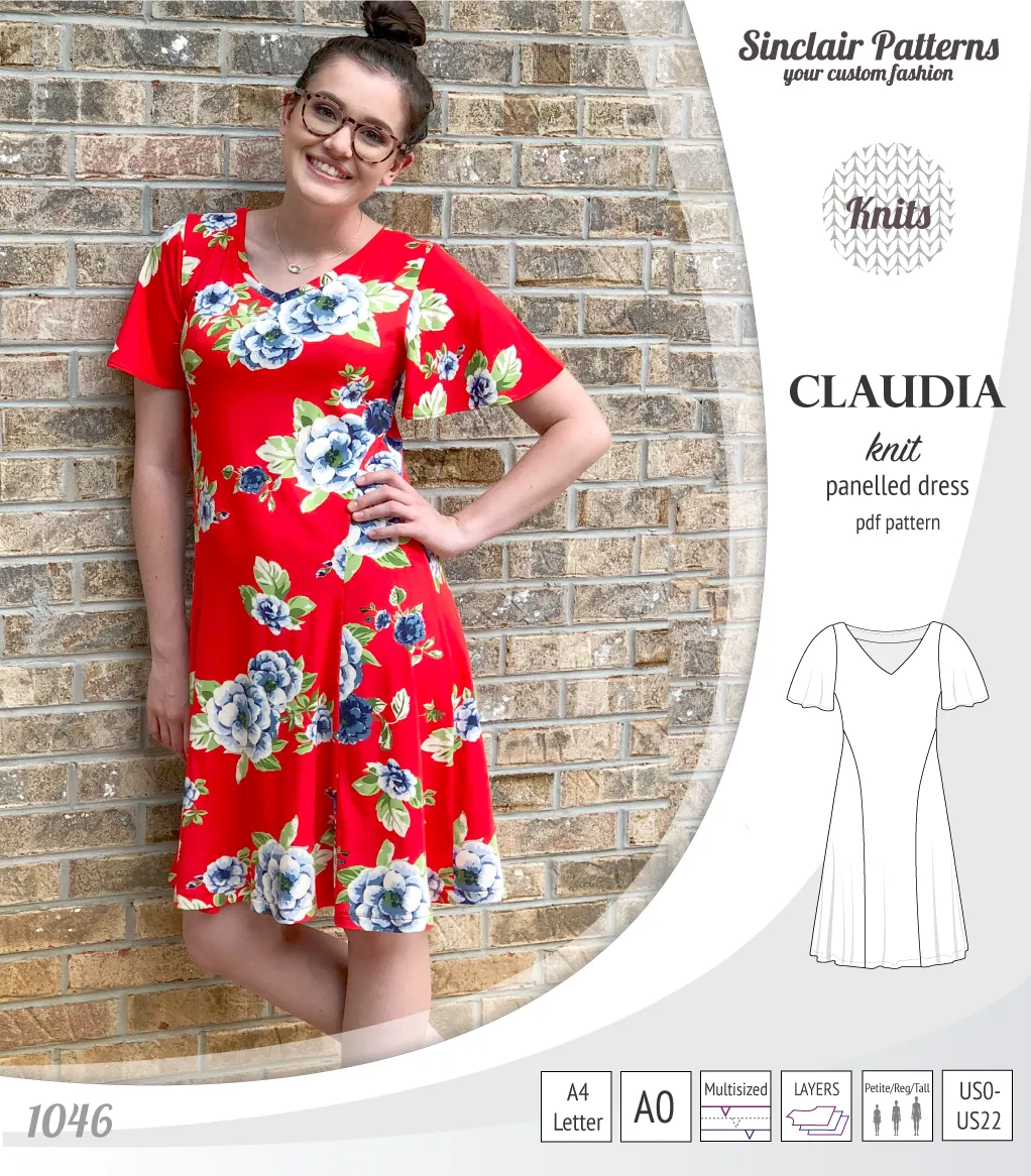 Claudia godet style knit dress with flutter sleeves (PDF)