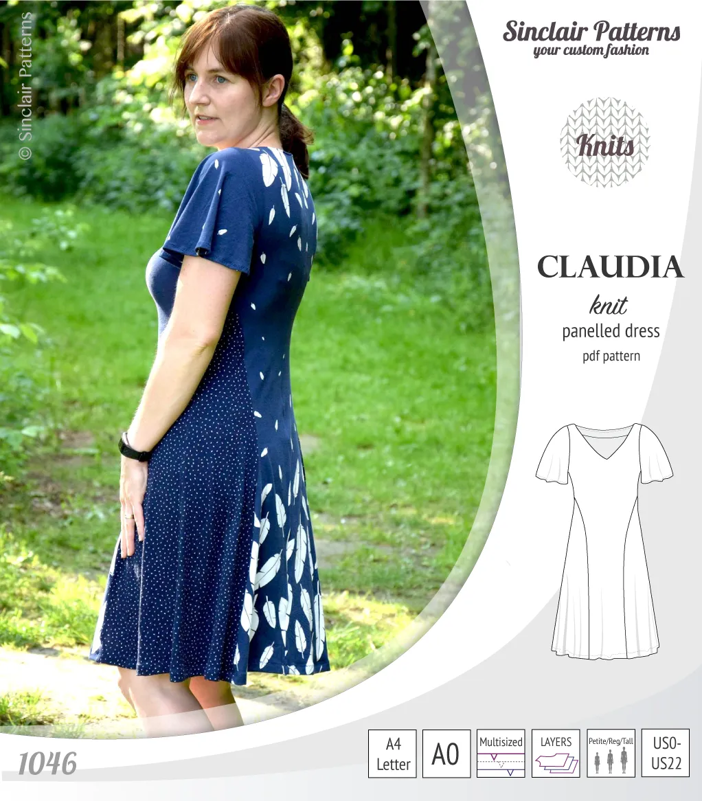 Claudia godet style knit dress with flutter sleeves (PDF)
