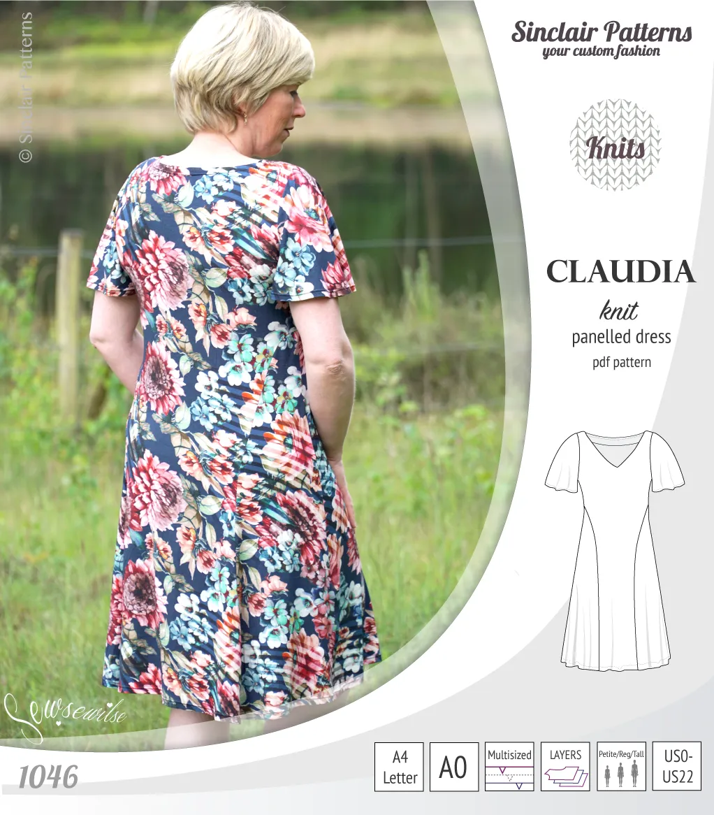 Claudia godet style knit dress with flutter sleeves (PDF)