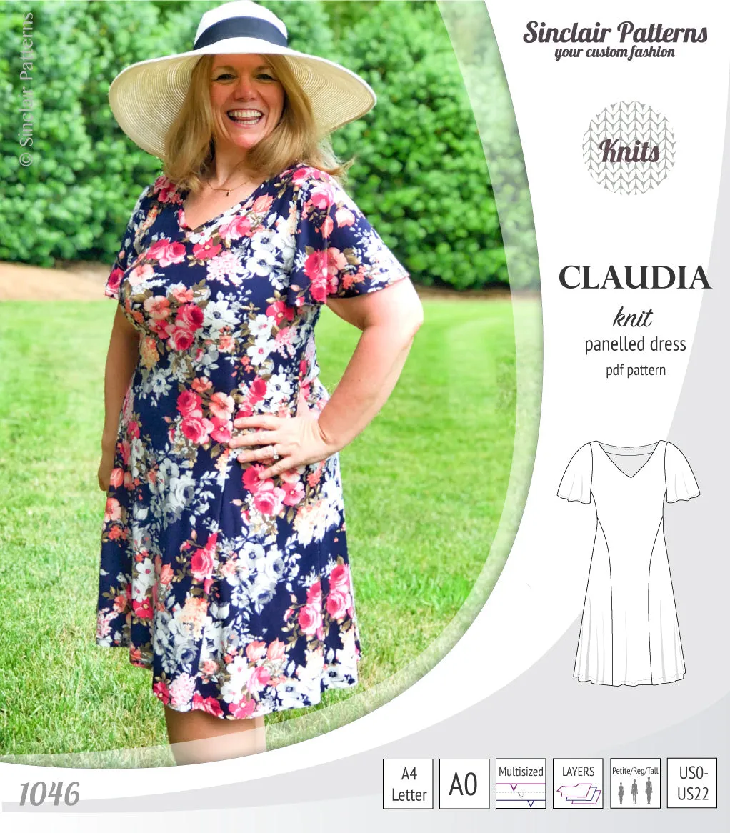 Claudia godet style knit dress with flutter sleeves (PDF)