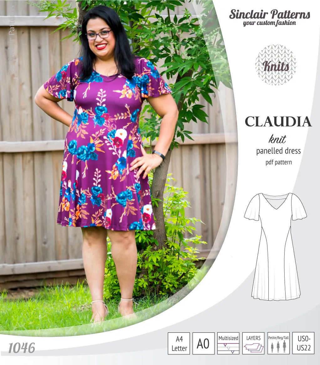 Claudia godet style knit dress with flutter sleeves (PDF)