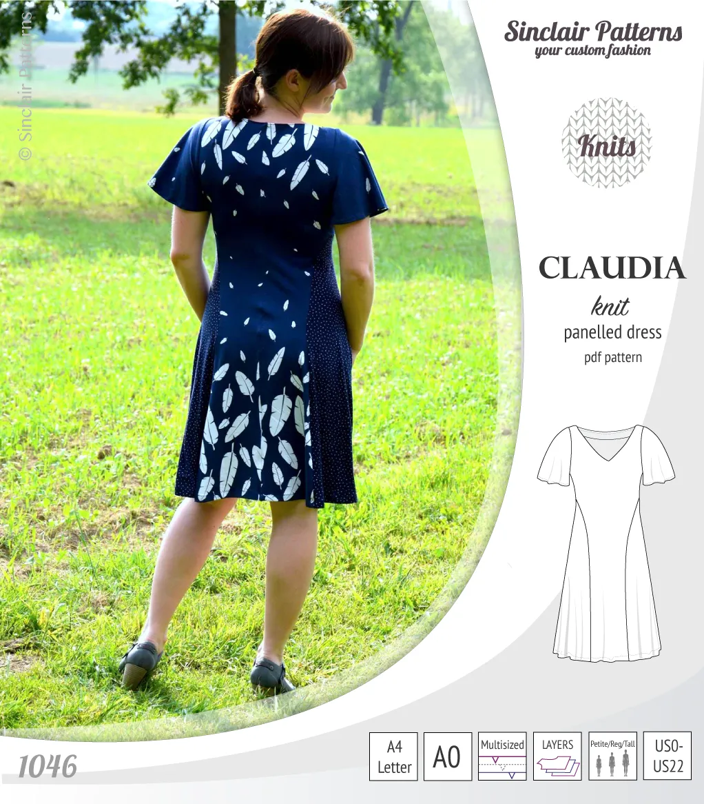 Claudia godet style knit dress with flutter sleeves (PDF)