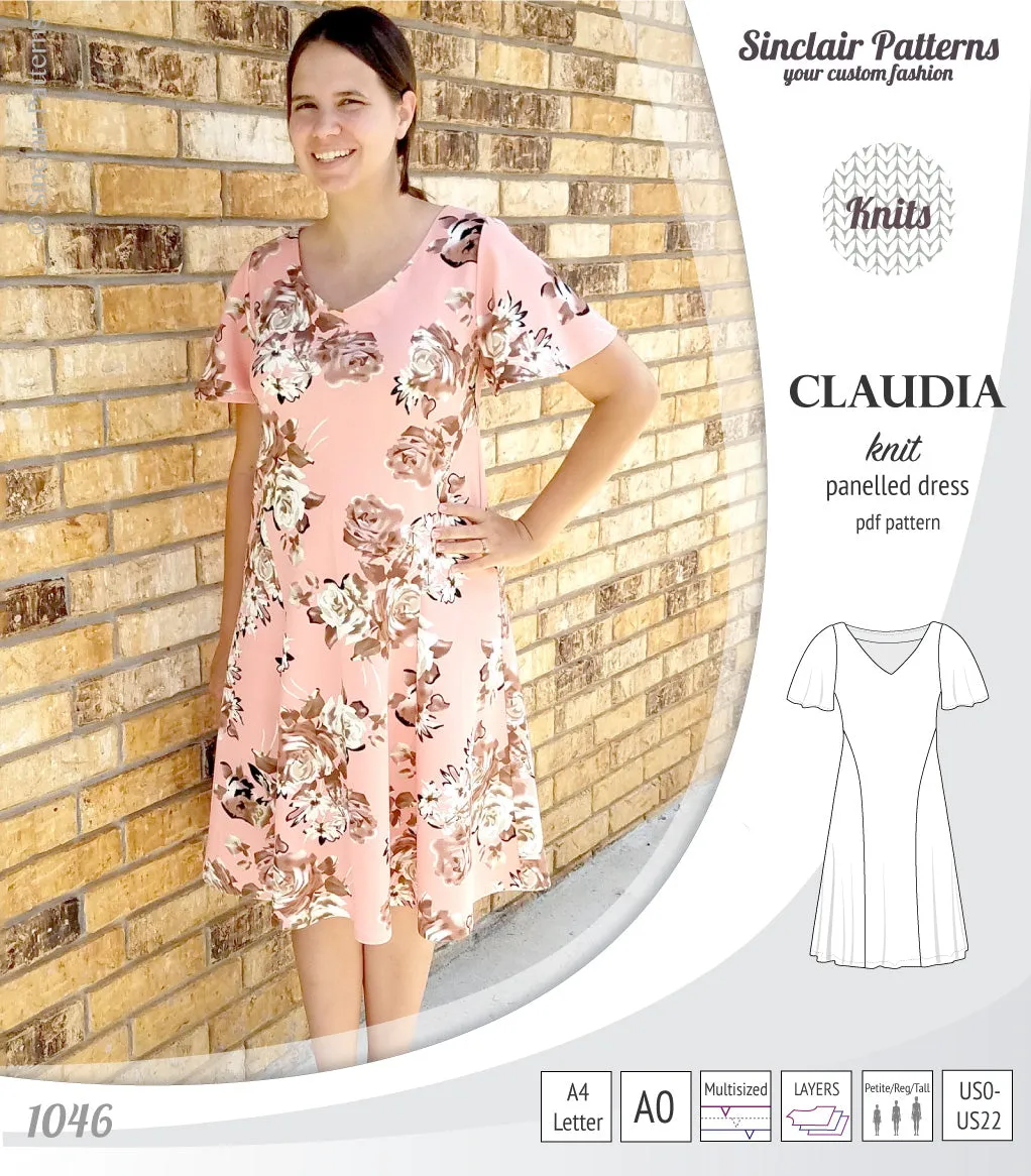 Claudia godet style knit dress with flutter sleeves (PDF)