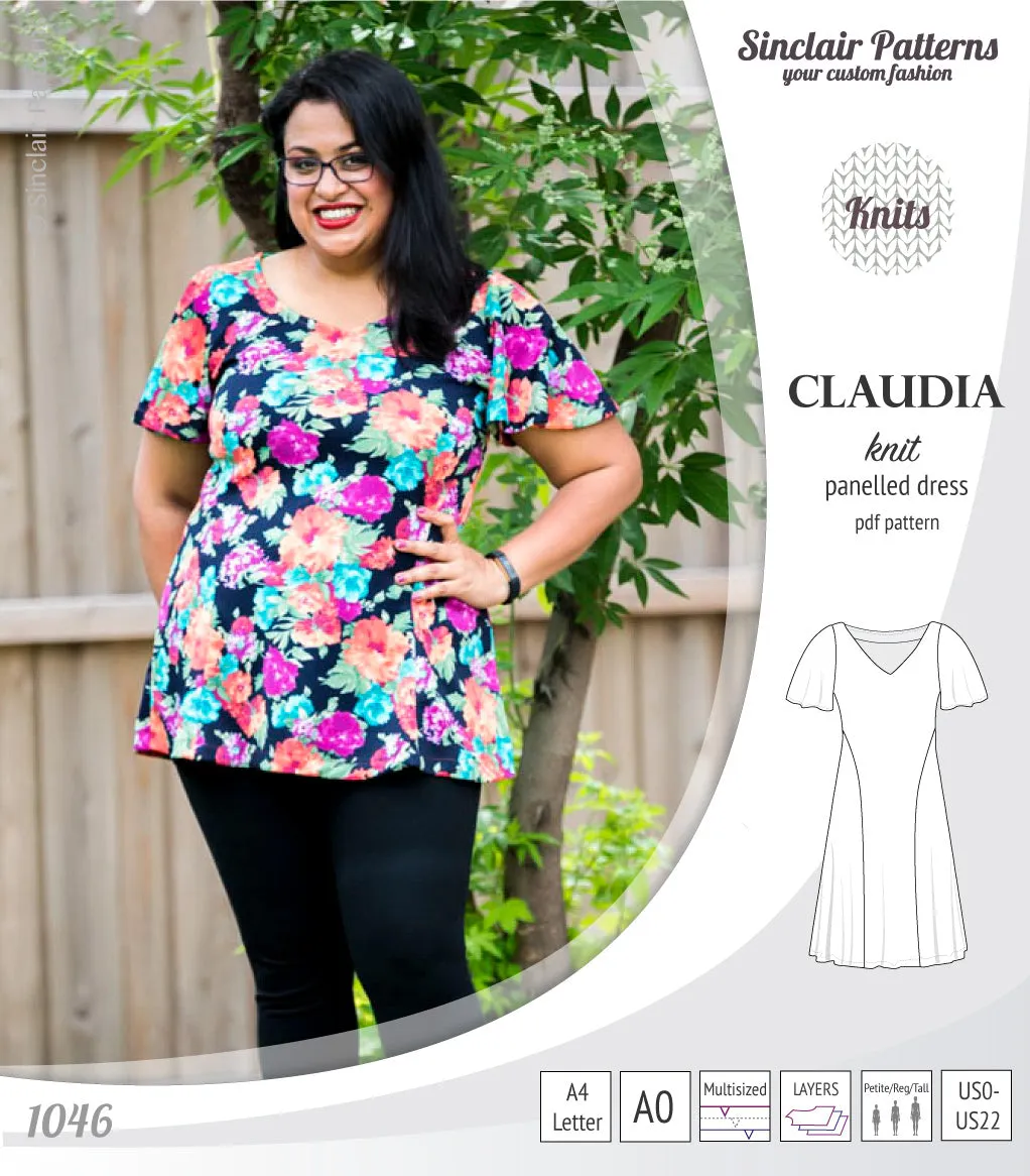 Claudia godet style knit dress with flutter sleeves (PDF)