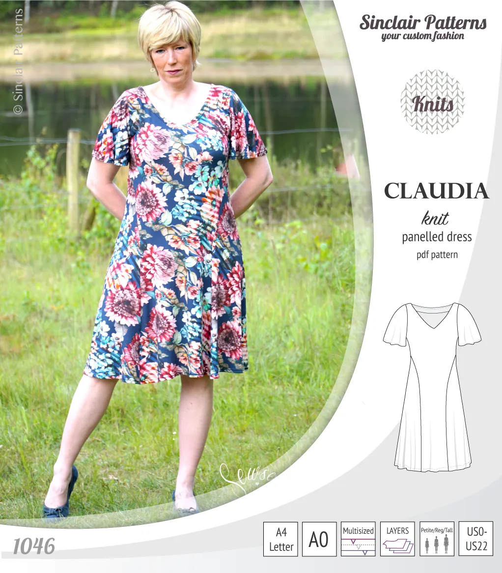 Claudia godet style knit dress with flutter sleeves (PDF)