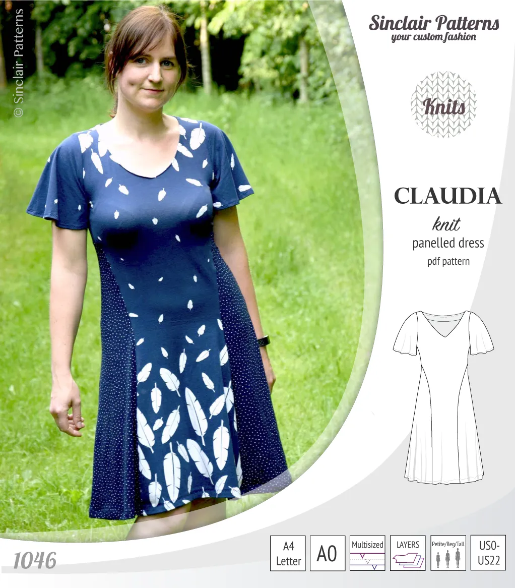 Claudia godet style knit dress with flutter sleeves (PDF)