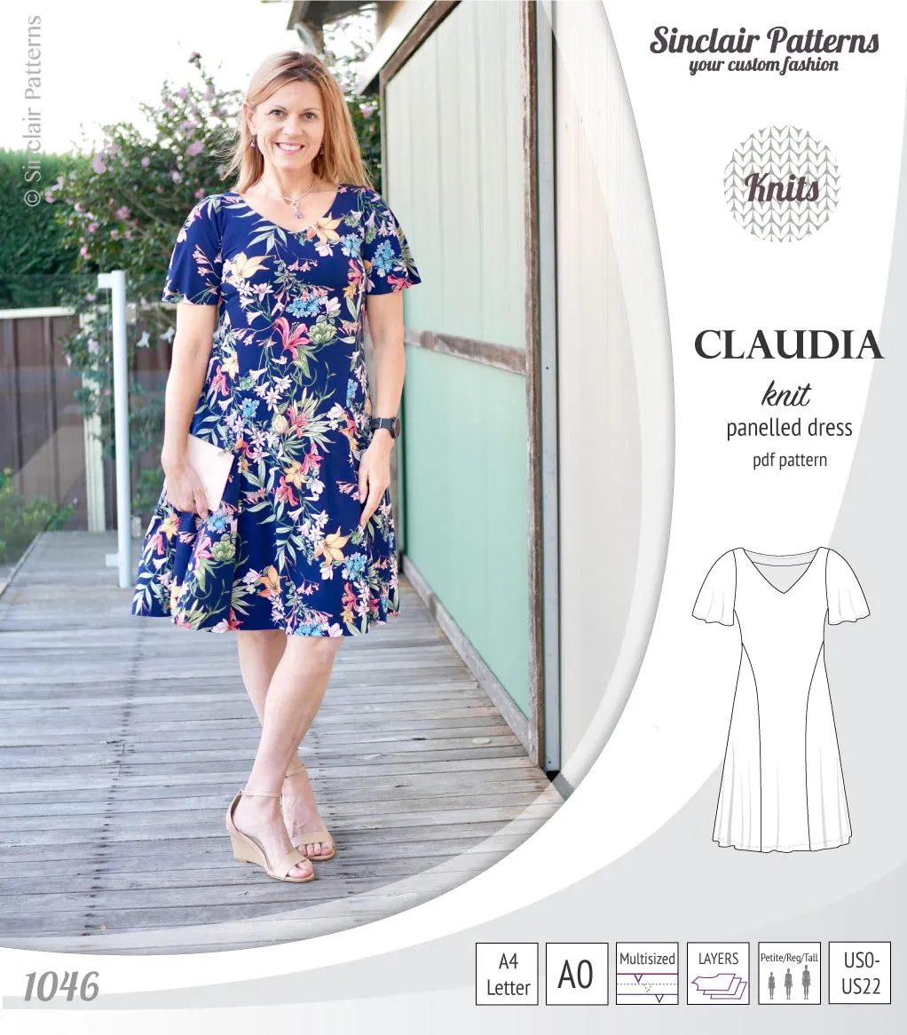 Claudia godet style knit dress with flutter sleeves (PDF)