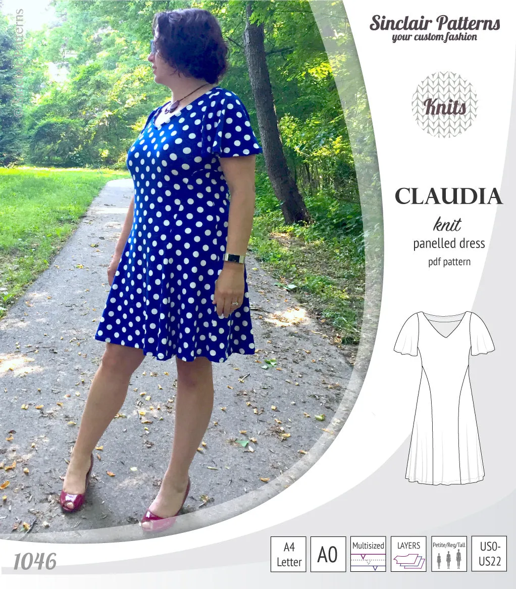 Claudia godet style knit dress with flutter sleeves (PDF)