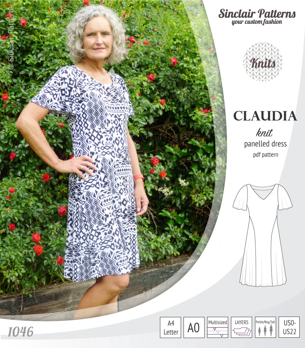 Claudia godet style knit dress with flutter sleeves (PDF)