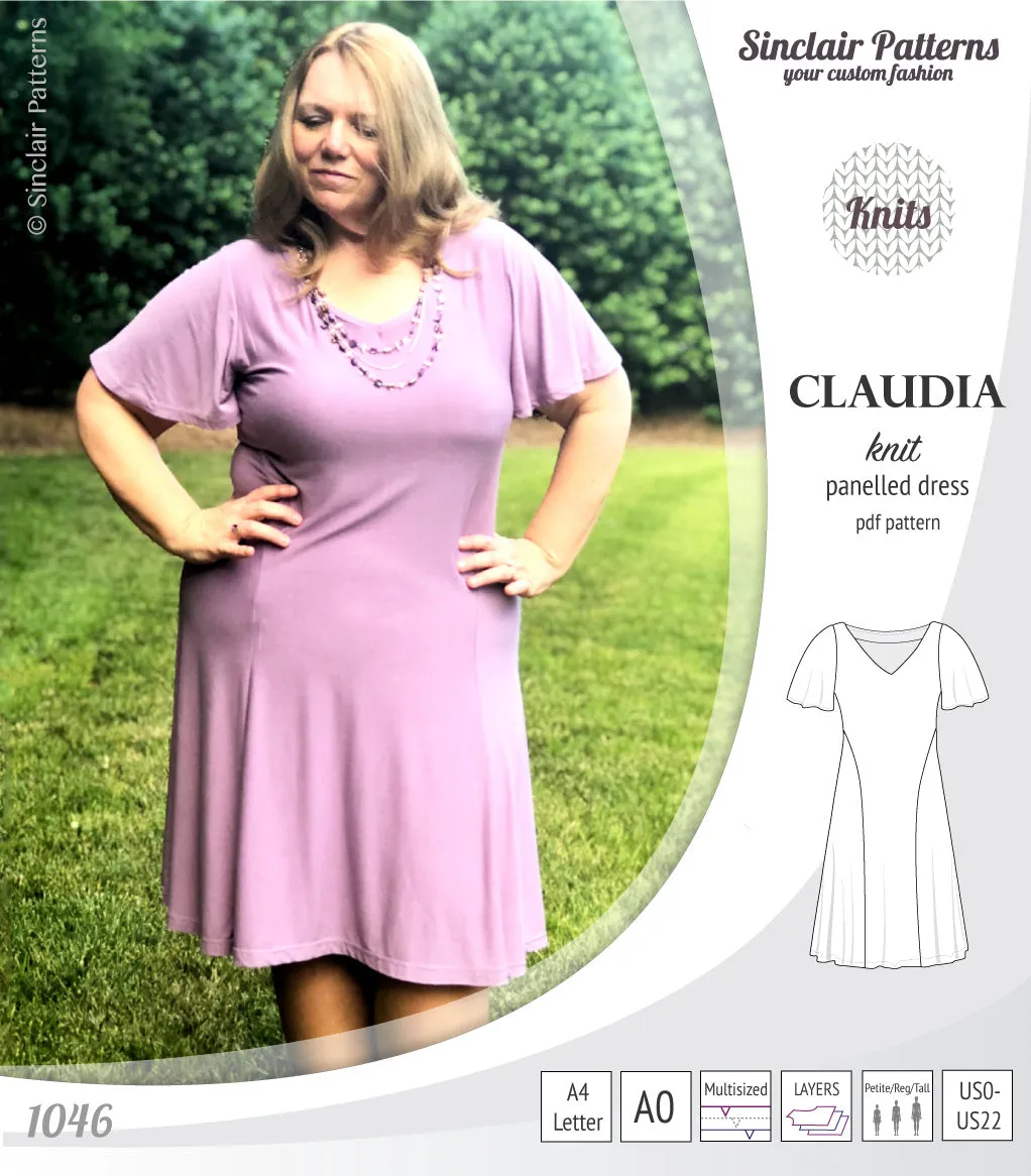 Claudia godet style knit dress with flutter sleeves (PDF)