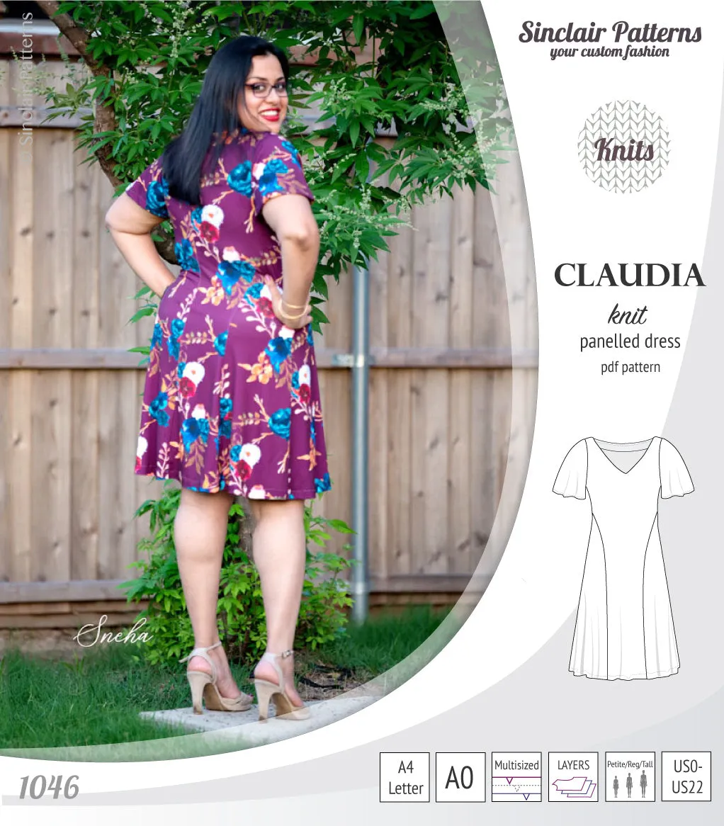 Claudia godet style knit dress with flutter sleeves (PDF)
