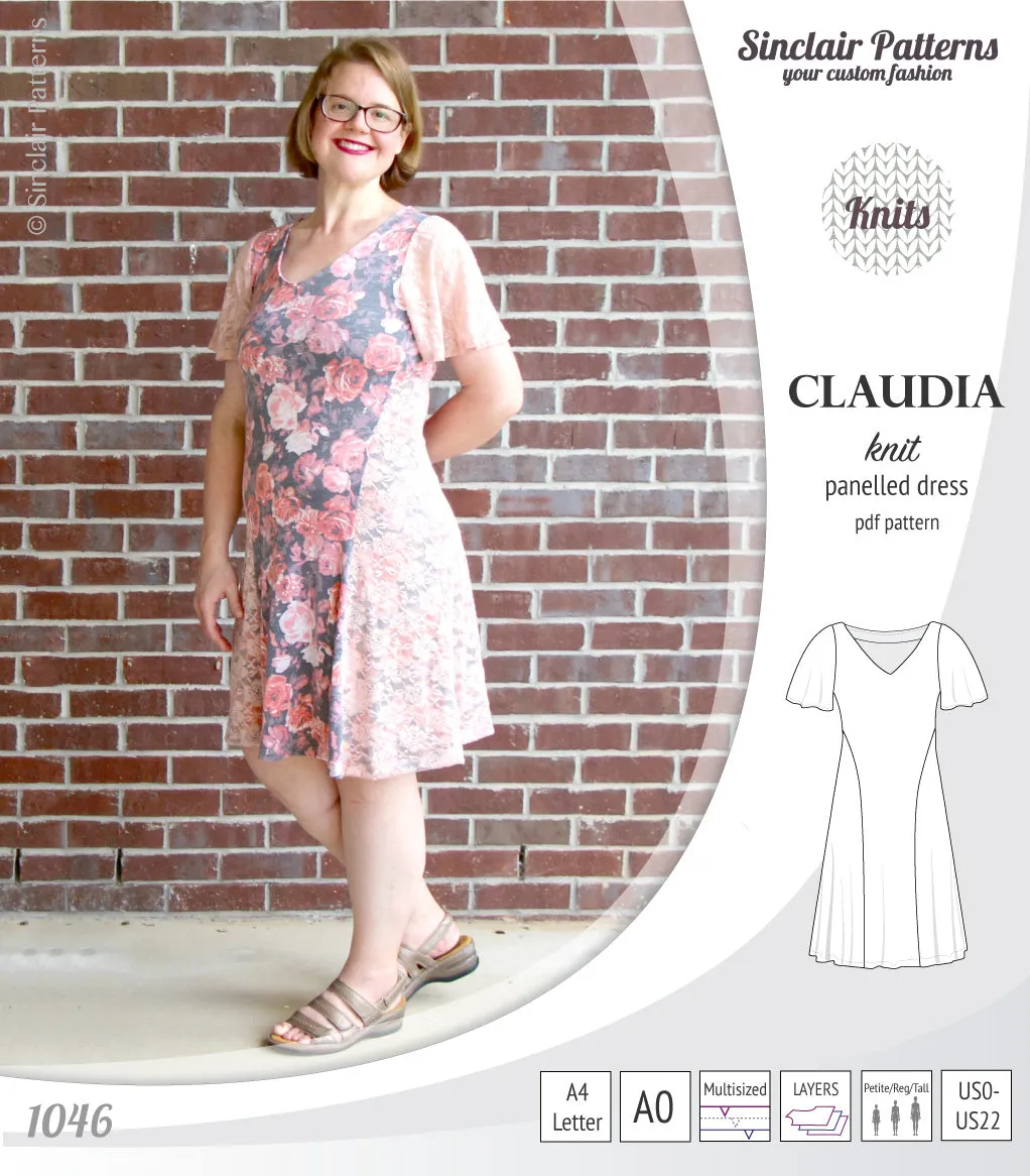 Claudia godet style knit dress with flutter sleeves (PDF)