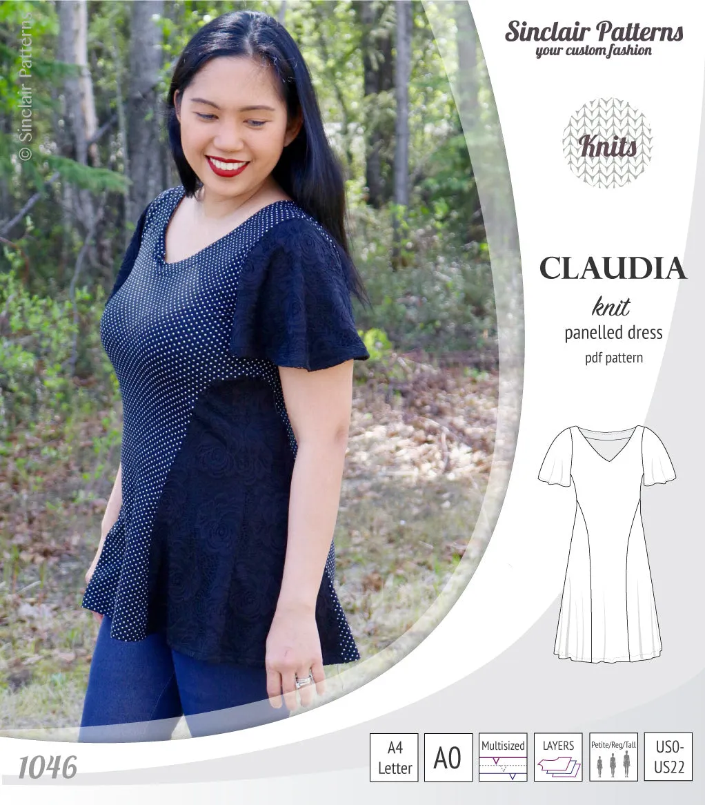 Claudia godet style knit dress with flutter sleeves (PDF)