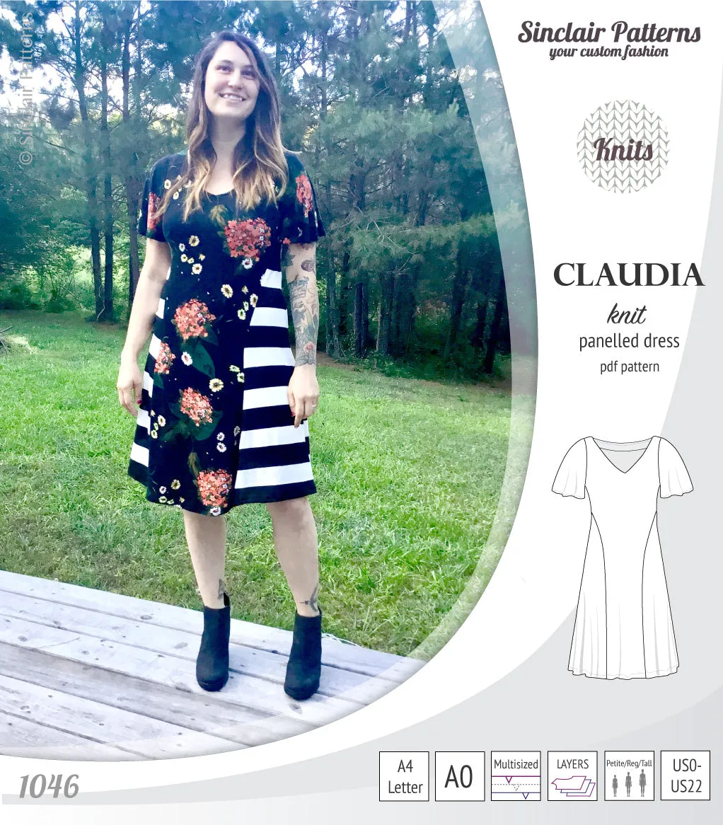 Claudia godet style knit dress with flutter sleeves (PDF)