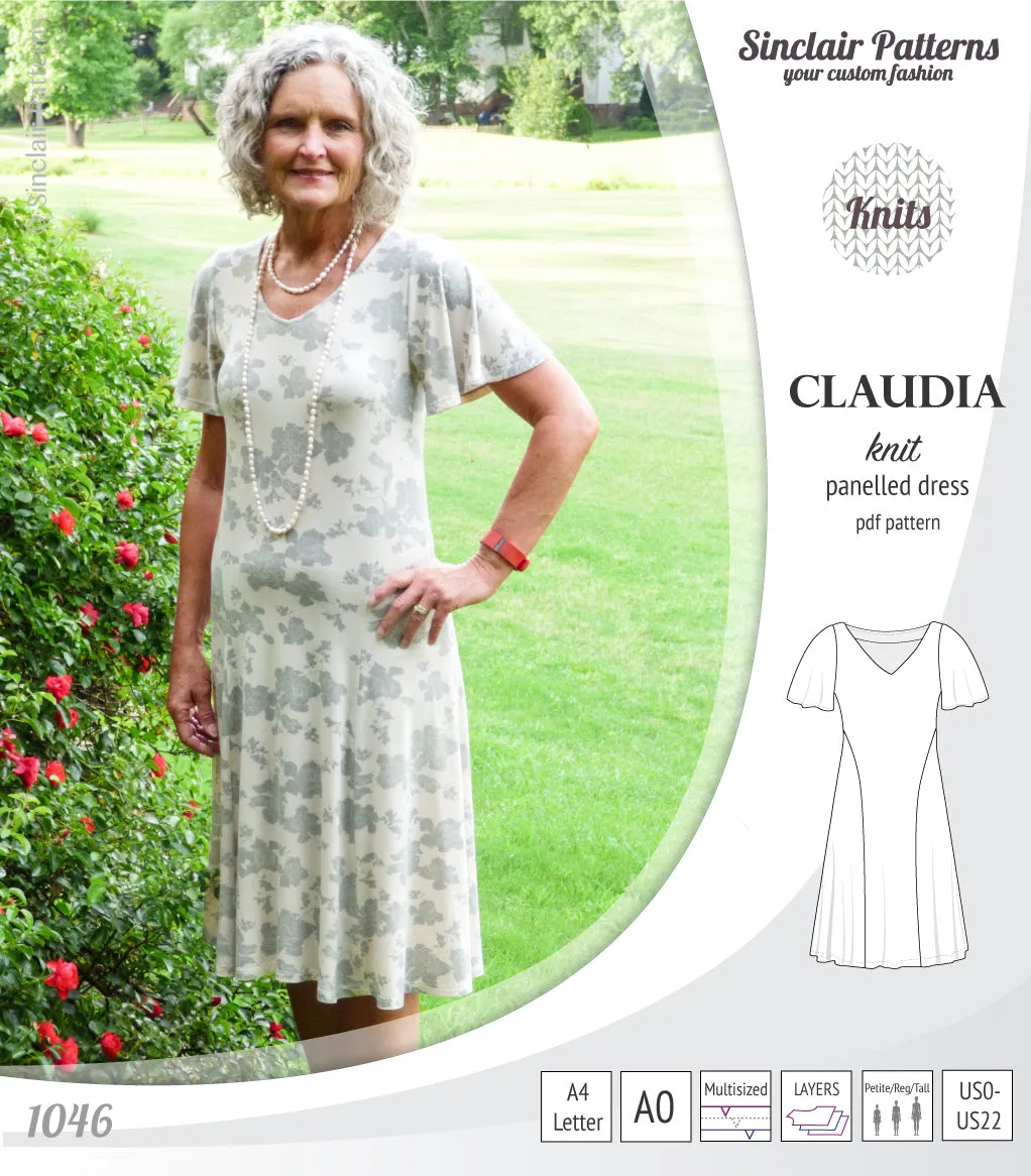 Claudia godet style knit dress with flutter sleeves (PDF)