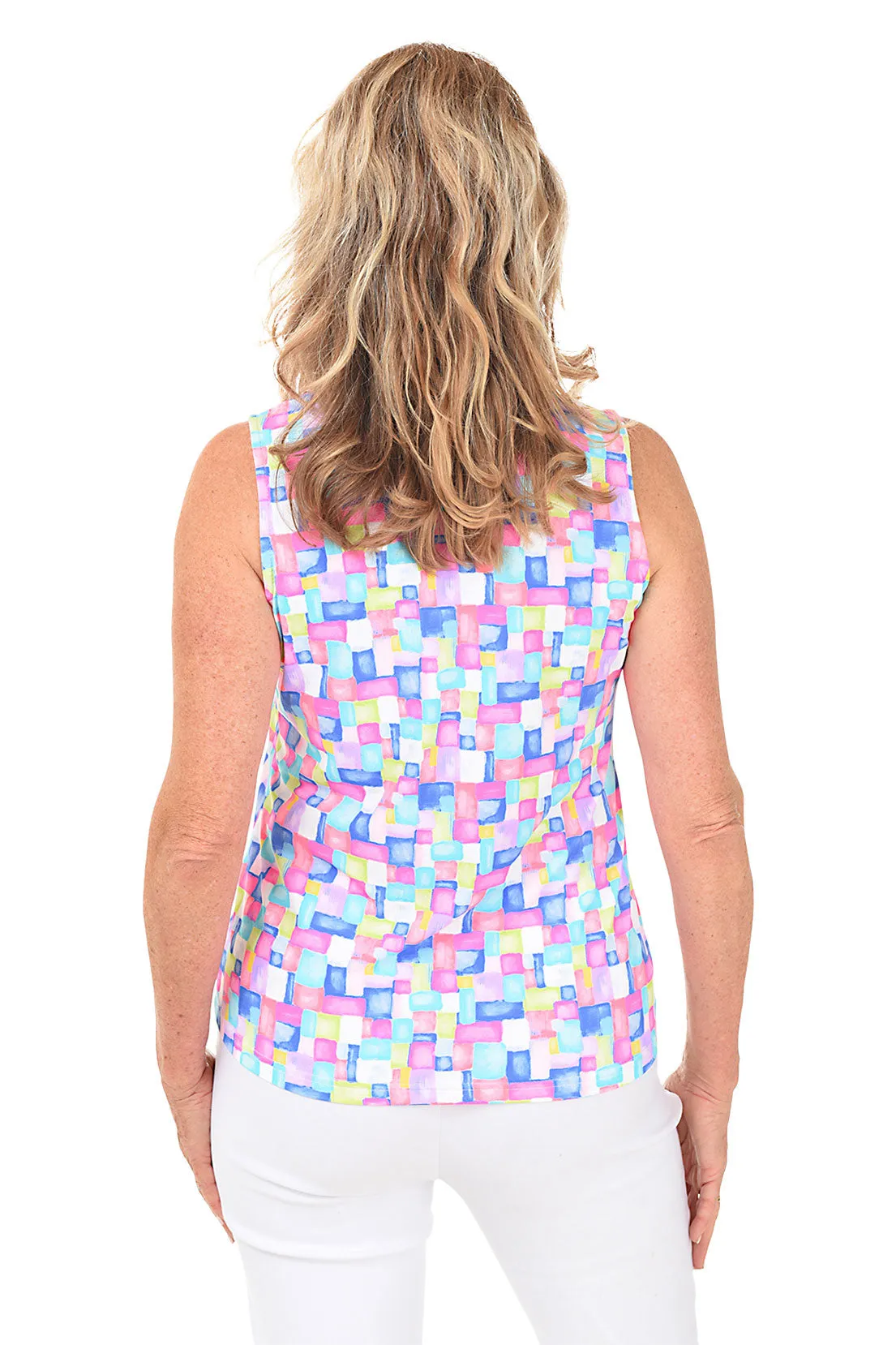 Colorful Cubes Cooling UPF50  Ruffle Neck Sleeveless Top