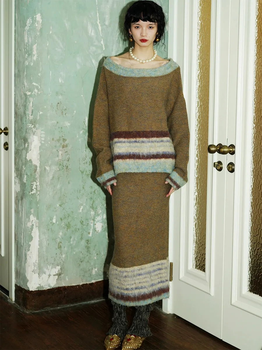 Contrast Color Border Design Loose Sweater & Knitted Skirt