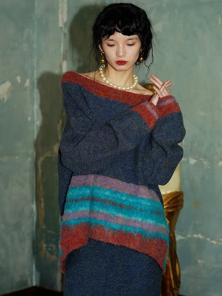 Contrast Color Border Design Loose Sweater & Knitted Skirt