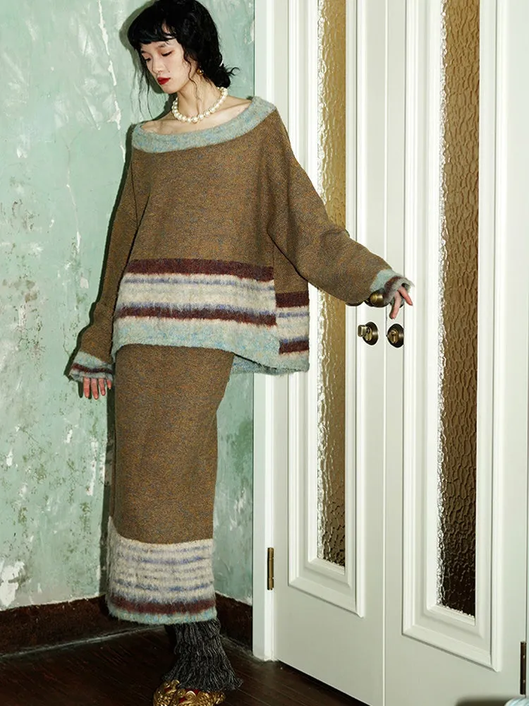 Contrast Color Border Design Loose Sweater & Knitted Skirt