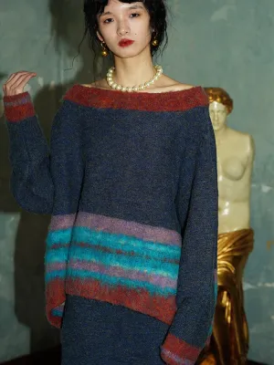 Contrast Color Border Design Loose Sweater & Knitted Skirt