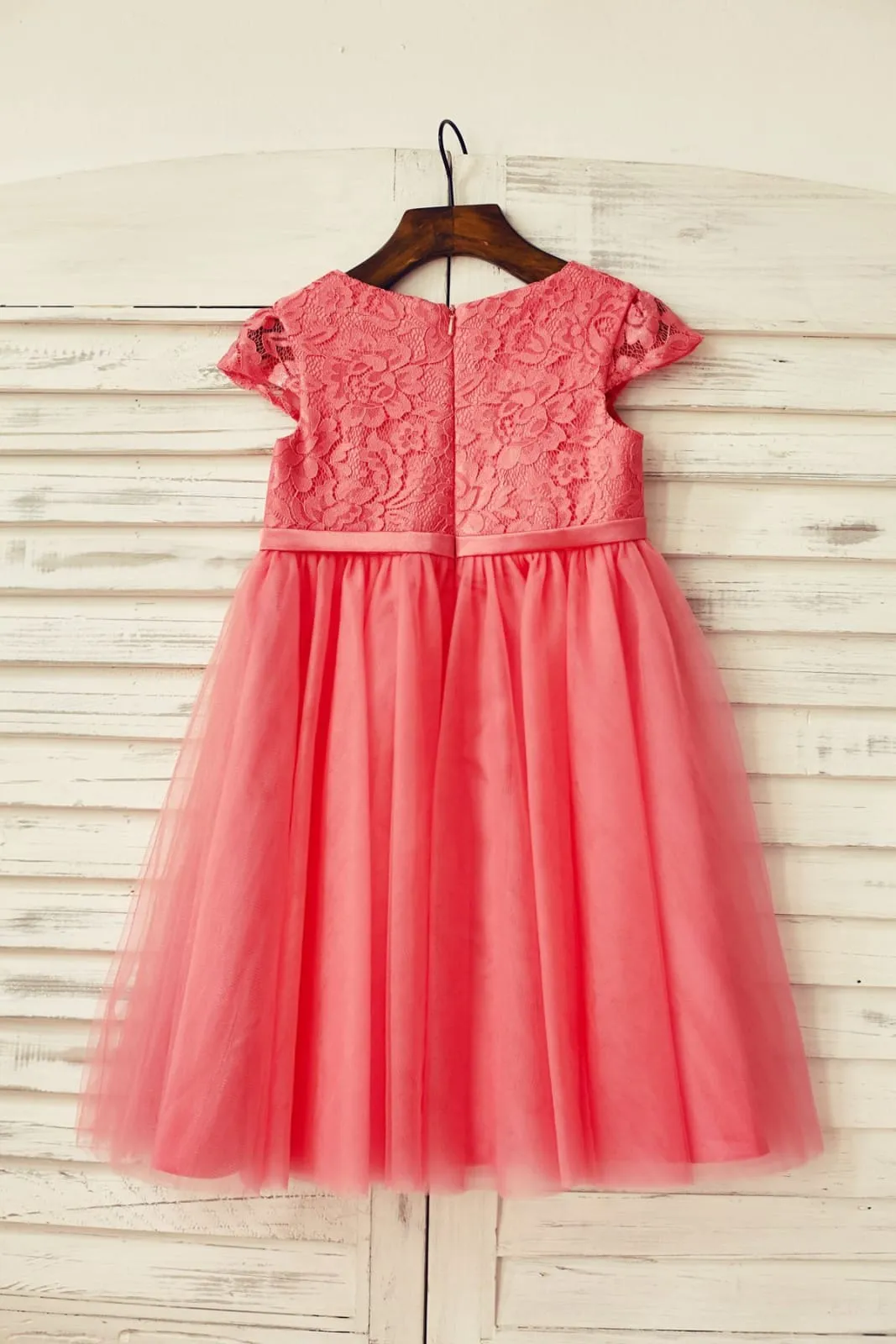 Coral Lace Tulle Cap Sleeve Flower Girl Dress