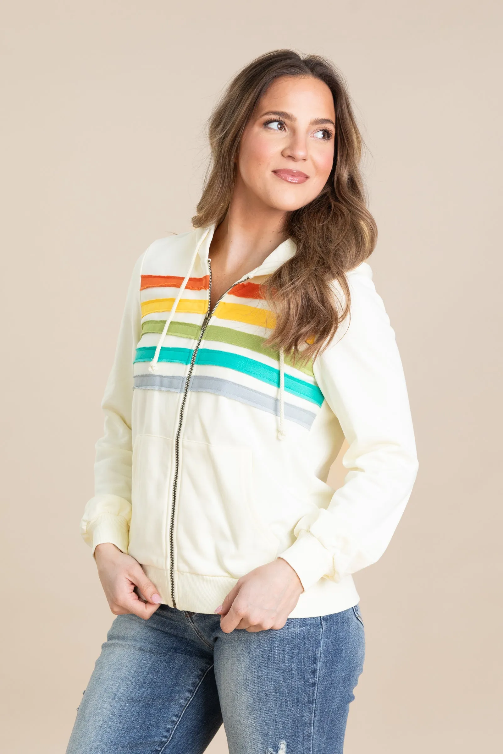 Cream Multicolor Stripe Patch Hoodie Jacket