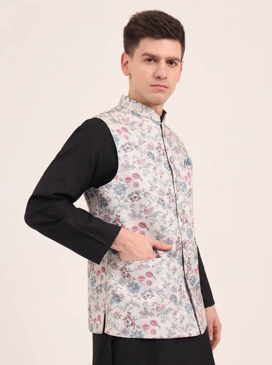 Cream Printed Regular Fit Bandhgala Jacket | JB Studio