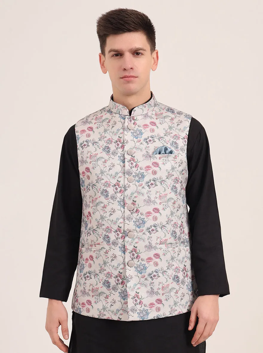 Cream Printed Regular Fit Bandhgala Jacket | JB Studio