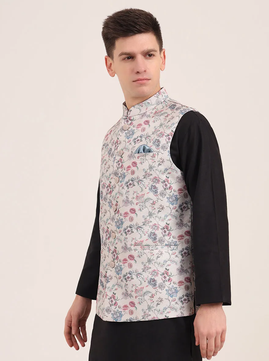 Cream Printed Regular Fit Bandhgala Jacket | JB Studio