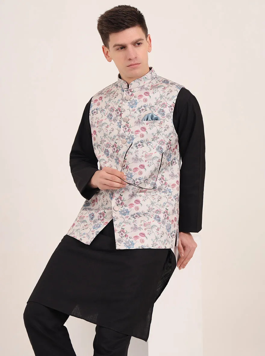 Cream Printed Regular Fit Bandhgala Jacket | JB Studio