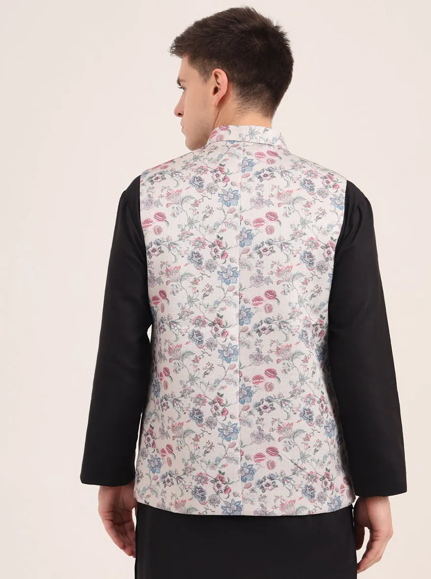 Cream Printed Regular Fit Bandhgala Jacket | JB Studio