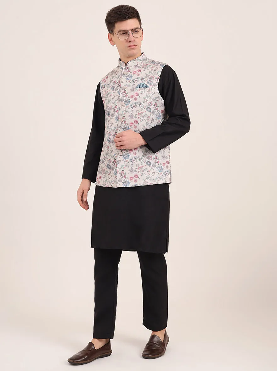 Cream Printed Regular Fit Bandhgala Jacket | JB Studio