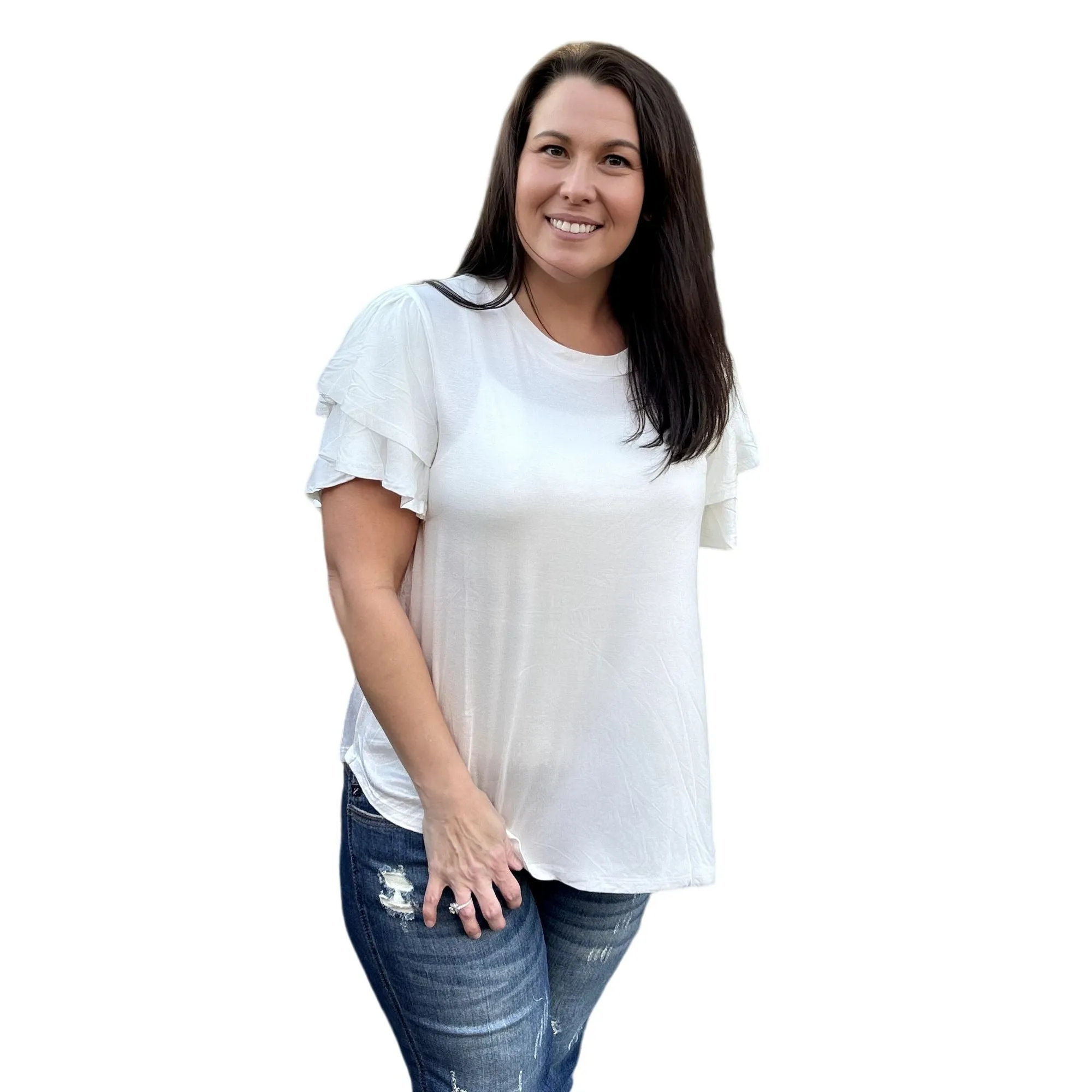 Culture Code White Round Neck Loose Fit Ruffle Sleeve Top CAY1482