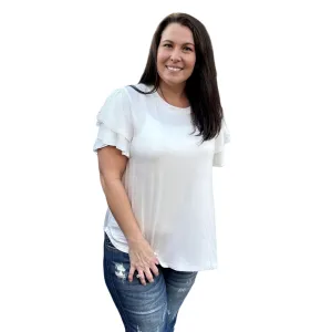 Culture Code White Round Neck Loose Fit Ruffle Sleeve Top CAY1482