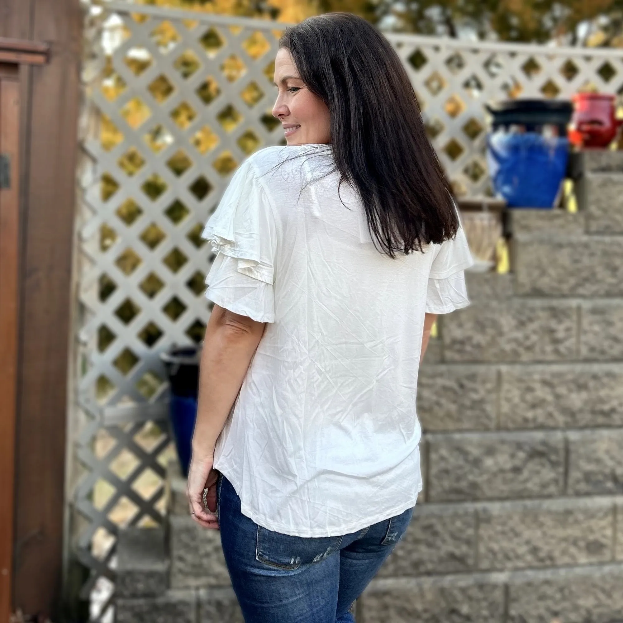 Culture Code White Round Neck Loose Fit Ruffle Sleeve Top CAY1482