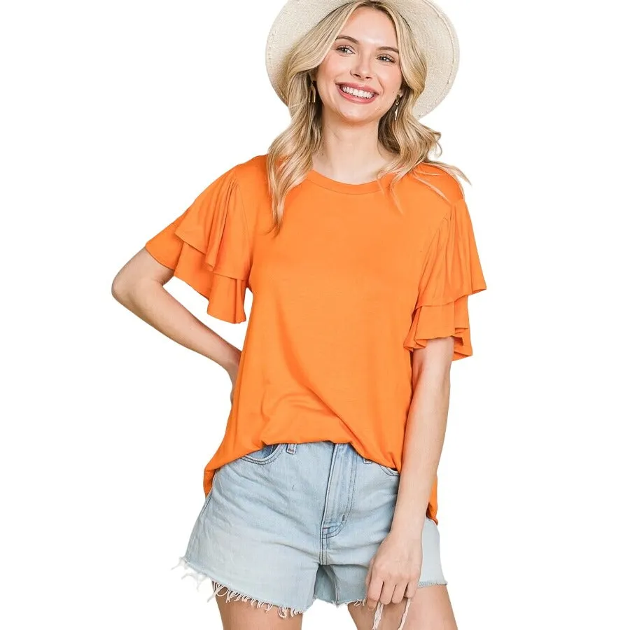 Culture Code White Round Neck Loose Fit Ruffle Sleeve Top CAY1482