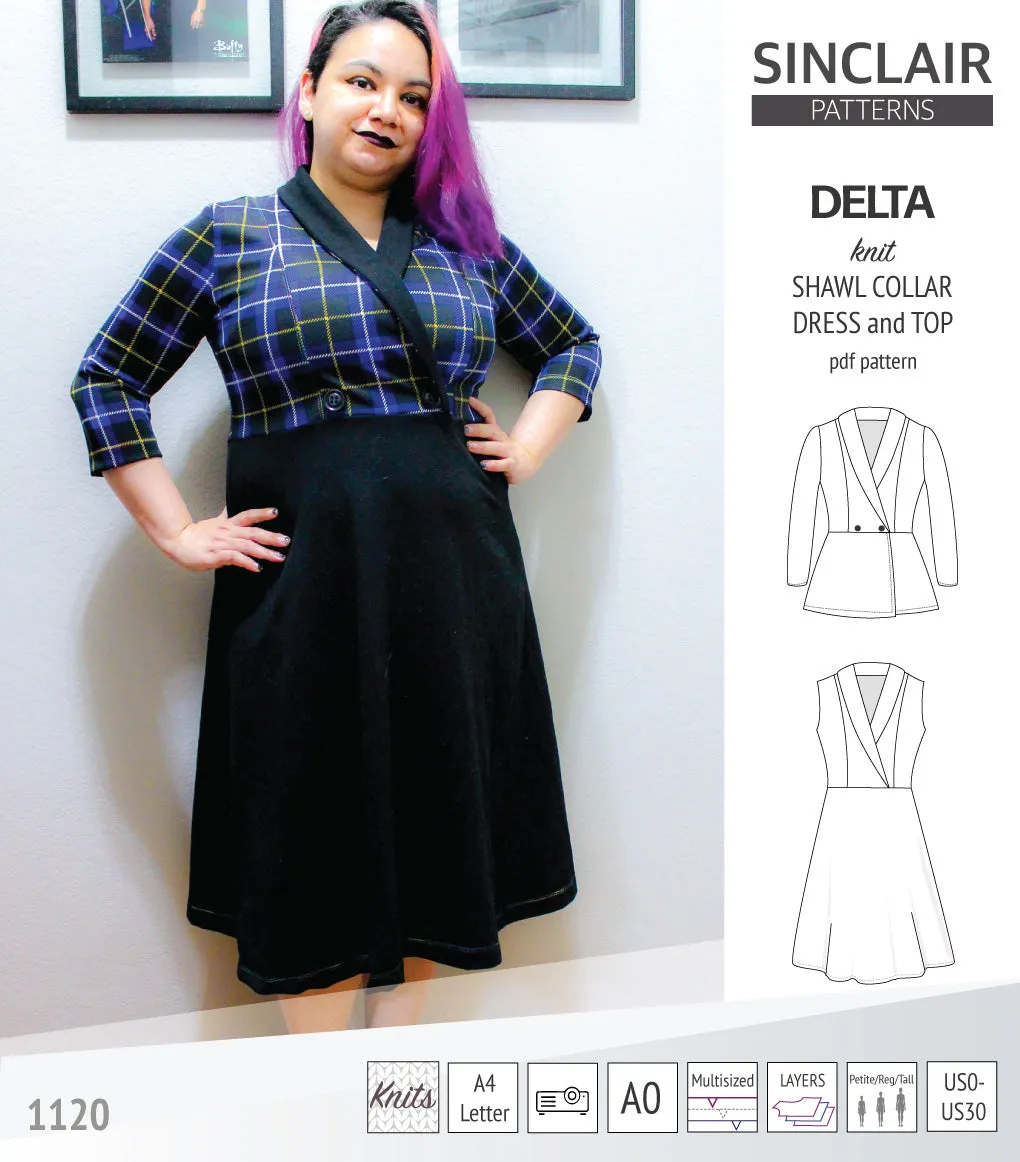 Delta knit shawl collar dress and top with princess seams (PDF)