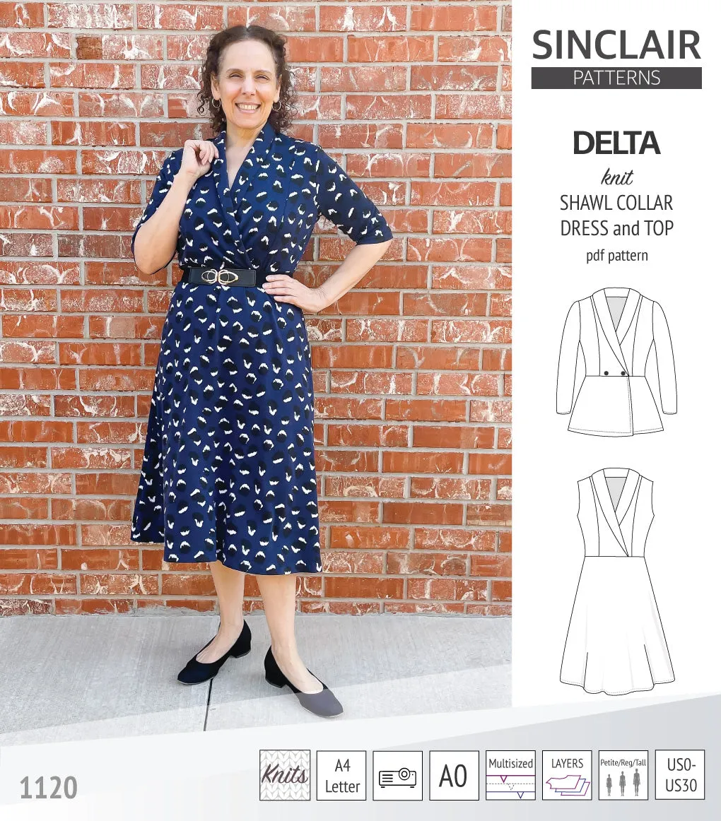 Delta knit shawl collar dress and top with princess seams (PDF)