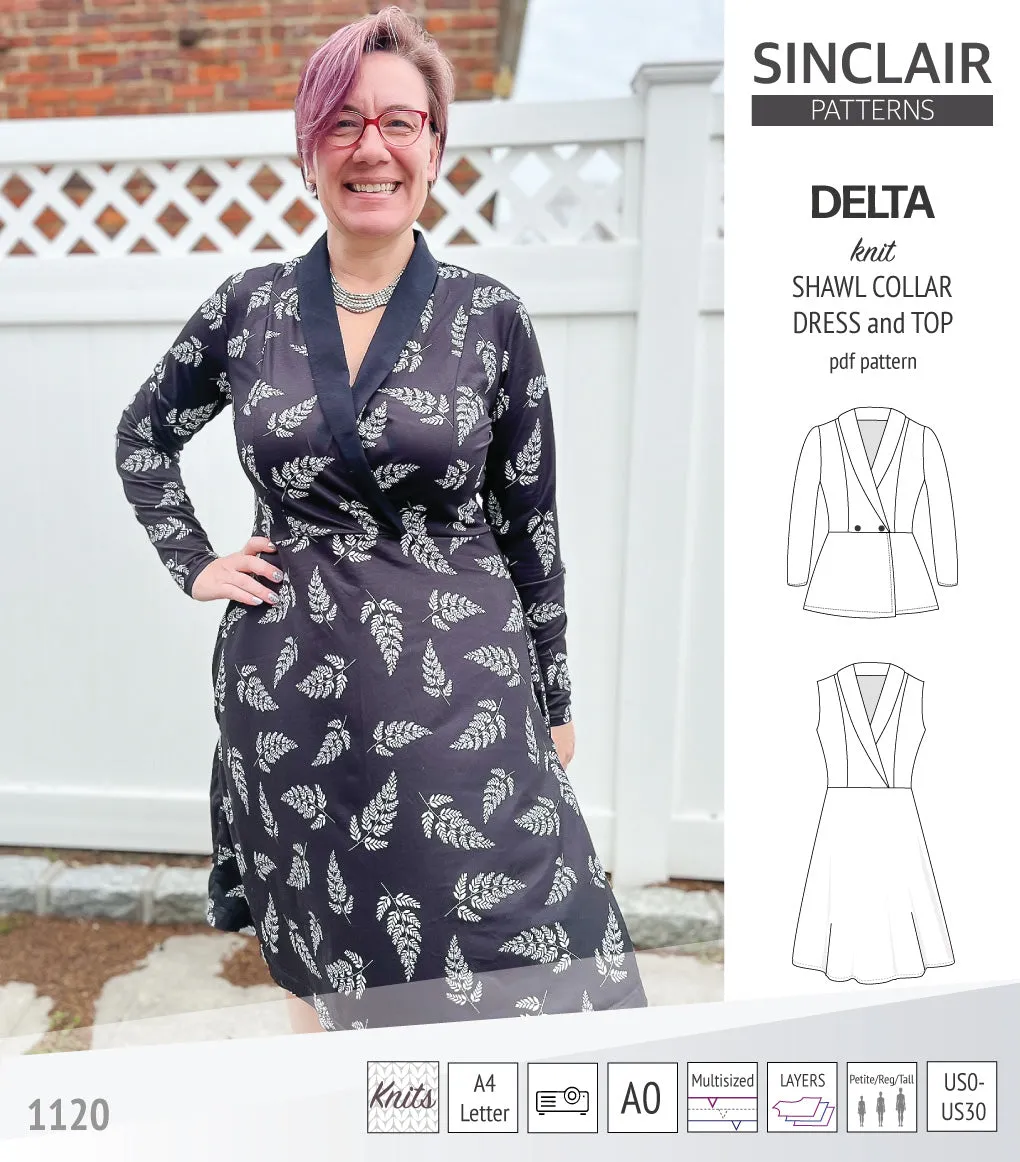 Delta knit shawl collar dress and top with princess seams (PDF)