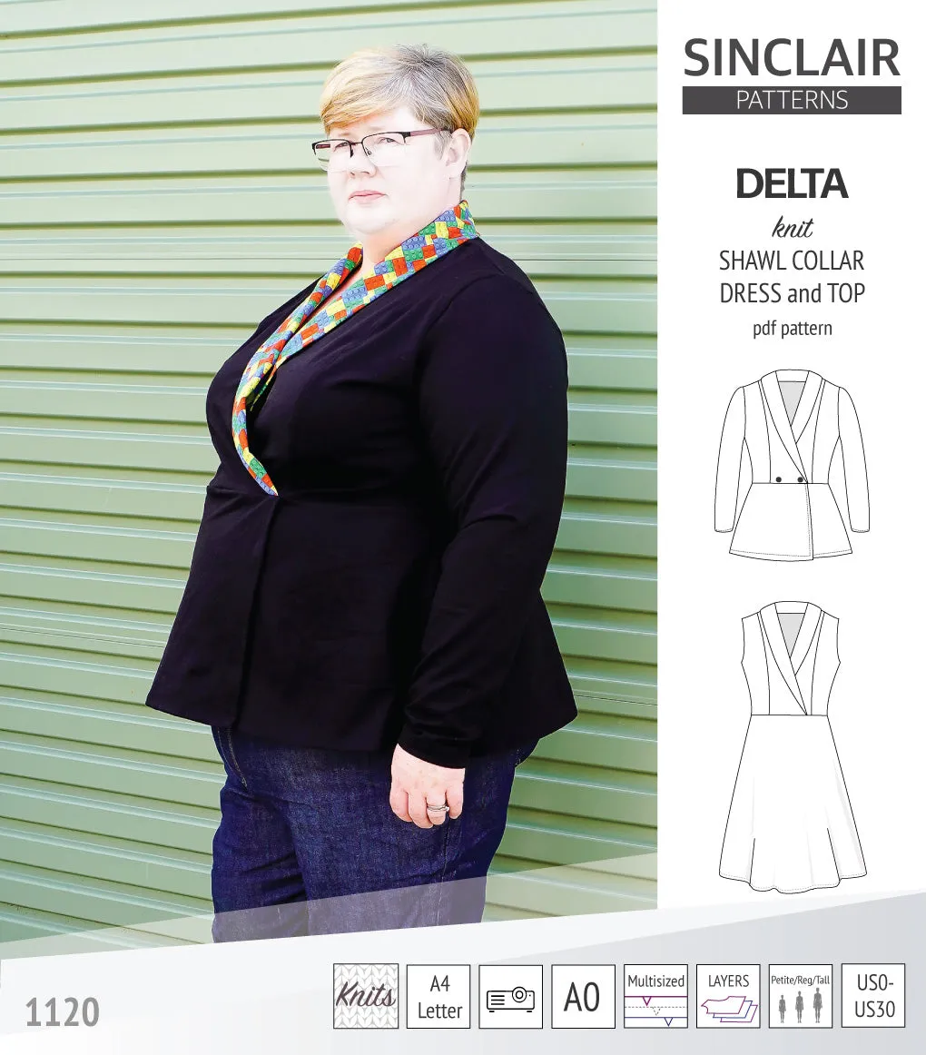 Delta knit shawl collar dress and top with princess seams (PDF)