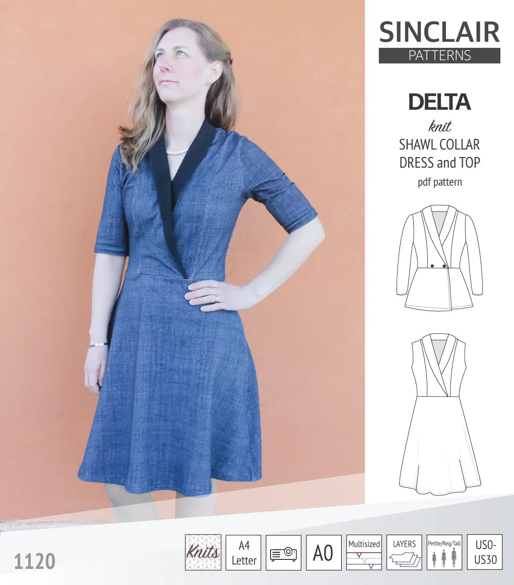 Delta knit shawl collar dress and top with princess seams (PDF)