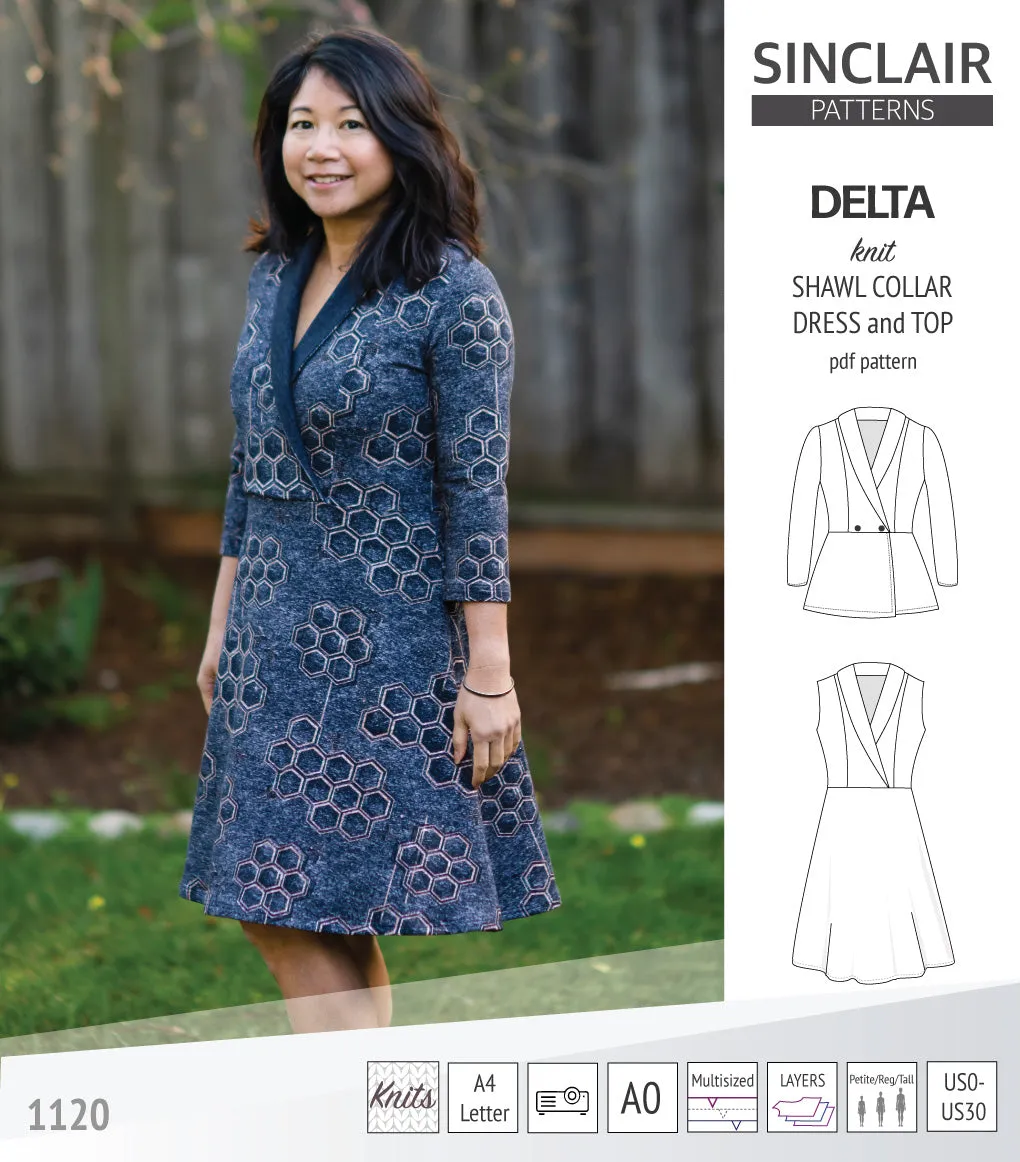 Delta knit shawl collar dress and top with princess seams (PDF)