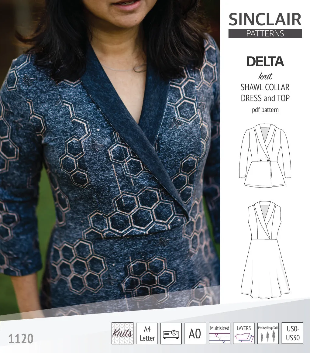 Delta knit shawl collar dress and top with princess seams (PDF)